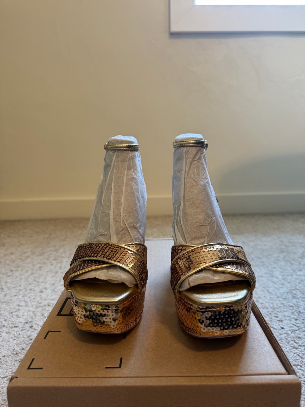 Sam Edelman Gold Sequin Platform Block Heel Sandals - Picture 3 of 9